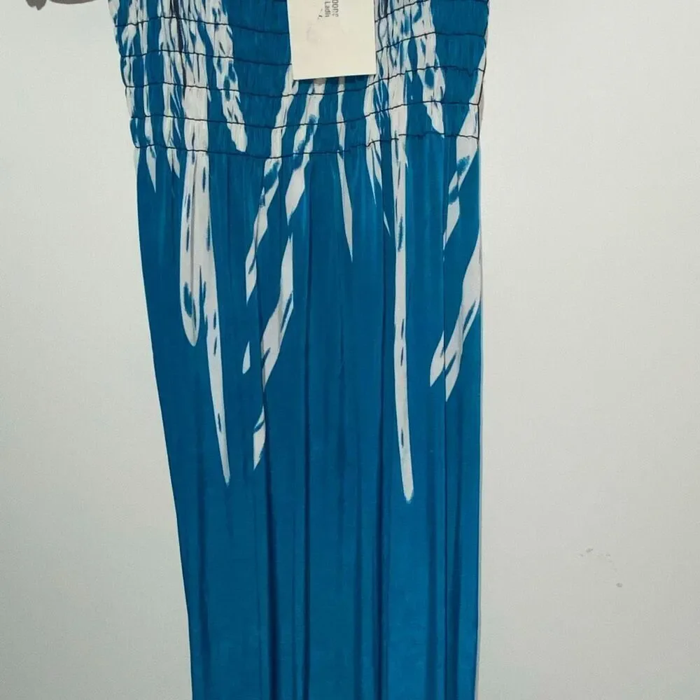 Women's Blue White Tropical Smocked Stretchy‎ Pullover Maxi Dress One Size NWT